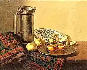 Eduard Pieter Moleveld - Stilleven met klep kan en fruit. verkocht voor € 500!