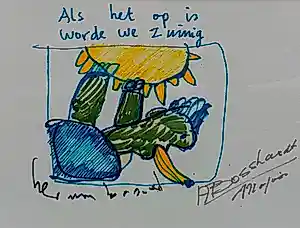 Herman Brood - + majoor Bosshardt : Ingelijste stifttekening: 'Als het op is worde we zuinig' kopen? Bied vanaf 1500!
