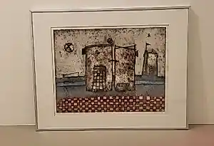 Marjan Smit - Geabstraheerd landschap met drie gebouwen kopen? Bied vanaf 160!