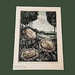 Herman Bernard Dieperink Jzn - erg mooie in 1935 gemaakte kleuren litho "Zonnebloemen in landschap" kopen? Bied vanaf 45!