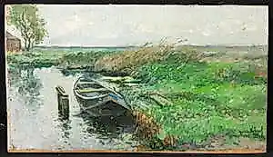 Andries Verleur - Olieverf op doek (verlijmd op paneel), Landschap met aangemeerd bootje kopen? Bied vanaf 30!