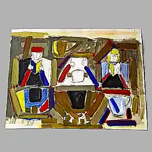 Hannes Postma - "nieuwe figuratie" olieverf gewassen met klei stilleven "figuren en servies" kopen? Bied vanaf 60!