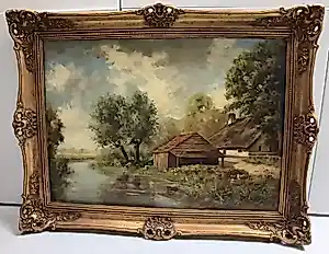 Peter Motz - Hollands landschap met boerderij en water met gouden lijst kopen? Bied vanaf 85!