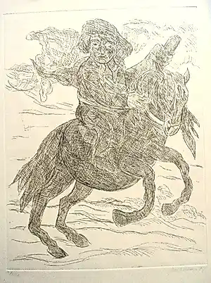 Jan Sierhuis - Grote, gedetailleerde ets, ruiter te paard. kopen? Bied vanaf 50!