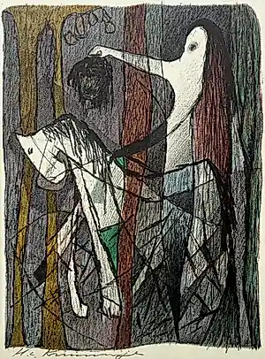 Harry van Kruiningen - handgesigneerde kleurenlitho | 'Si sette haer schrijlings op haer ros' | 1956 kopen? Bied vanaf 60!