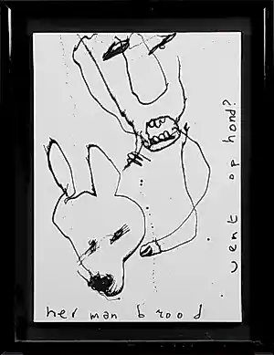 Herman Brood - ingelijste inkttekening op doek: 'Vent op hond' (gemaakt met heroïnespuit) kopen? Bied vanaf 1500!
