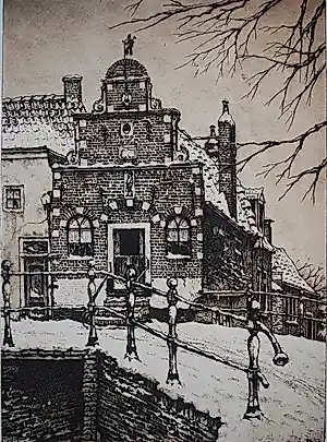 Cornelis Brandenburg - Korendragershuisje Franeker - ets - zuurvrij ingelijst met museumglas kopen? Bied vanaf 75!