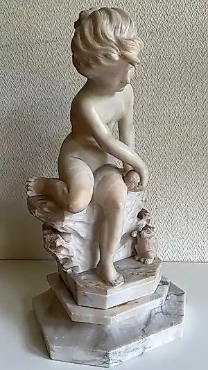 M Del Colombo - Elegant Antiek Albast Sculptuur – Kind met Kat – Prof. M. Del Colombo – ca. 1900 kopen? Bied vanaf 180!