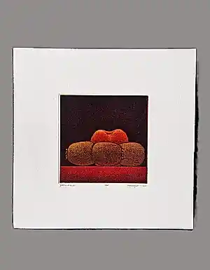 Joop Vegter - Fraaie kleine mezzotint "Perzik en kiwi's" - beperkte oplage - potloodgesigneerd verkocht voor € 52!