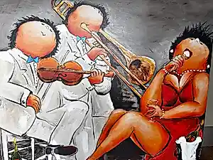 Theo Broeren - Glicée met acryl op doek “Muziek spelen” (ZEER GROOT) kopen? Bied vanaf 145!
