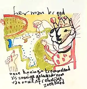 Herman Brood - tekening: Onze koningin trommelend als zonnige.... kopen? Bied vanaf 995!