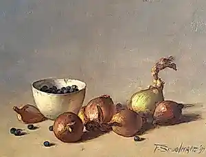 Fred Smoolenaers - Stilleven met uien en schaaltje bessen kopen? Bied vanaf 395!