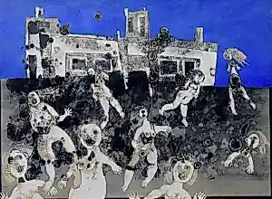 Ans Wortel - Zeer grote ingelijste gouache: "Wachtende dames" - 1963 (nette lijst!) kopen? Bied vanaf 399!