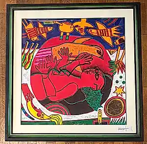 Corneille - Grote, gesigneerde en ingelijste lithografie: Rode vrouw en oranje vogel kopen? Bied vanaf 1200!