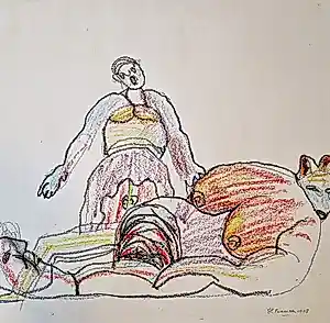 Hanny Ramaer - een grote, in CoBrA stijl gemaakte pastelkrijt tekening - potloodgesigneerd kopen? Bied vanaf 42!