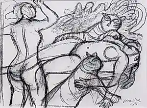 Corneille - Les Tigres Amoureux, zwart krijt op papier (mooi ingelijst) kopen? Bied vanaf 1600!