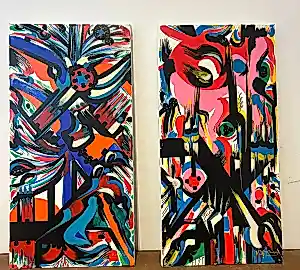Kokou Senavon - Diptiek, abstracte compositie in acryl op doek kopen? Bied vanaf 200!