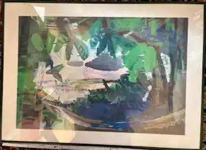 Guus van Eck - Doorkijk op landschap met rivier en bruggen. kopen? Bied vanaf 400!