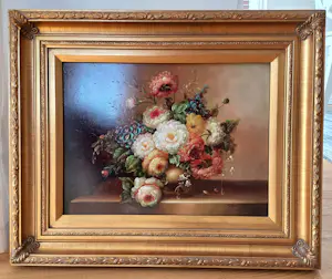 Jan van der Akker - Decoratief bloemstilleven, liggend, olieverf op hout – in fraaie lijst kopen? Bied vanaf 85!