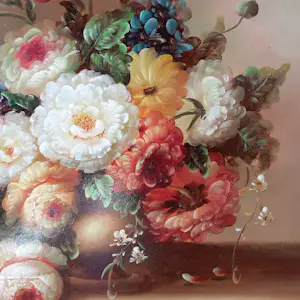 Jan van der Akker - Decoratief bloemstilleven, liggend, olieverf op hout – in fraaie lijst kopen? Bied vanaf 85!