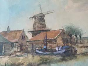Albert Jan Oudshoorn - Molen aan het water met scheepswerf - Albert Jan Oudshoorn - Aquarel - ong. 1920 kopen? Bied vanaf 110!