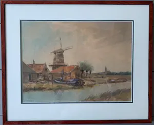 Albert Jan Oudshoorn - Molen aan het water met scheepswerf - Albert Jan Oudshoorn - Aquarel - ong. 1920 kopen? Bied vanaf 110!