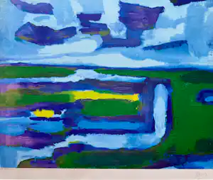 Gerrit Benner - handgesigneerde kleurenzeefdruk | 'Landschap' | ca.1981 verkocht voor € 3100!