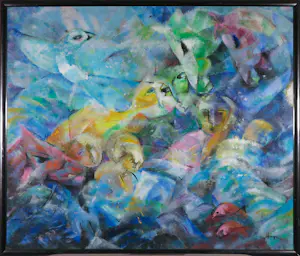 Onbekend - Acryl op papier, Compositie met figuren - Ingelijst (Zeer Groot) kopen? Bied vanaf 70!