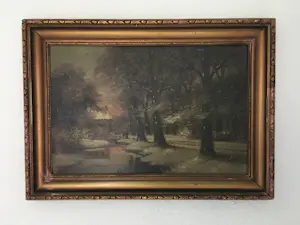 H. Hermans - Mooi winterlandschap met rivier , bomen huisje en bruggetje kopen? Bied vanaf 80!