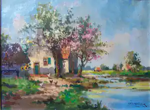 Jan Simon Knikker (sr.) - Landschap met bloesembomen. verkocht voor € 220!