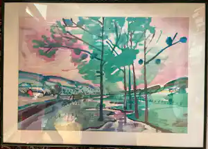 Guus van Eck - Doorkijk door bomen op rivier en bruggen. kopen? Bied vanaf 400!