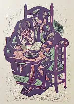 Mieke Burgers-Witteveen - Vader en kinderen aan tafel, linosnede kopen? Bied vanaf 35!