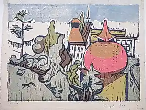 Christian Anton Laely - Zwitsers landschap met dorp - Kleurhoutsnede kopen? Bied vanaf 50!