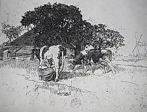 Ferdinand Schmutzer - Hollands meisje die koeien melkt - ets - handgesigneerd kopen? Bied vanaf 65!