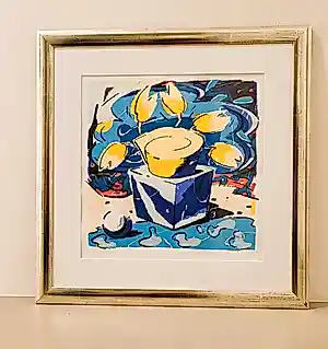 Susette van de Lande - Stilleven met bloemenvaas in geel en blauw kopen? Bied vanaf 110!
