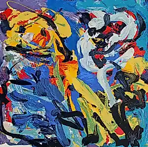 Karel Appel - Kleuren zeefdruk: Spelend in blauw - 1977 kopen? Bied vanaf 1250!