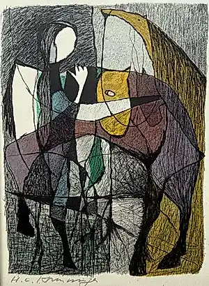 Harry van Kruiningen - handgesigneerde kleurenlitho | 'Si ginc al in haers vaders stal' | 1956 kopen? Bied vanaf 60!