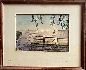Jan Delfgaauw - Riviergezicht met zeilboten en steiger - Aquarel kopen? Bied vanaf 49!