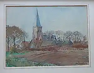 Arnoud Paashuis - OUDE SINT NIKOLAASKERK HELVOIRT / ORIGINEEL WERK / 39x48cm / KADER / SIG kopen? Bied vanaf 40!