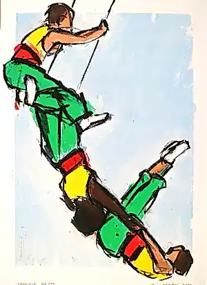 Ellen Meuwese - prachtige, kleurrijke grote zeefdruk. Trapeze artiesten. kopen? Bied vanaf 45!