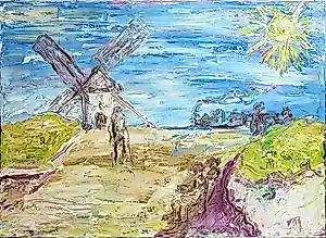 Pieter Haan - Acryl op doek, Landschap met molen en stoomtrein kopen? Bied vanaf 20!