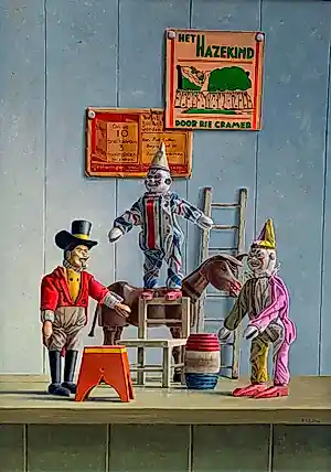 Piet Gutter - Ingelijste olieverf op board: Compositie van 3 poppen en een ezel kopen? Bied vanaf 1750!
