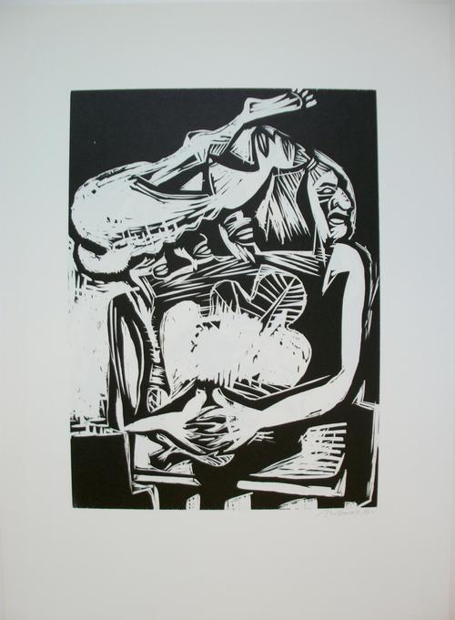 Ina Barfuss - Holzschnitt, Mensch u. Vogel 1985 kopen? Bied vanaf 185!