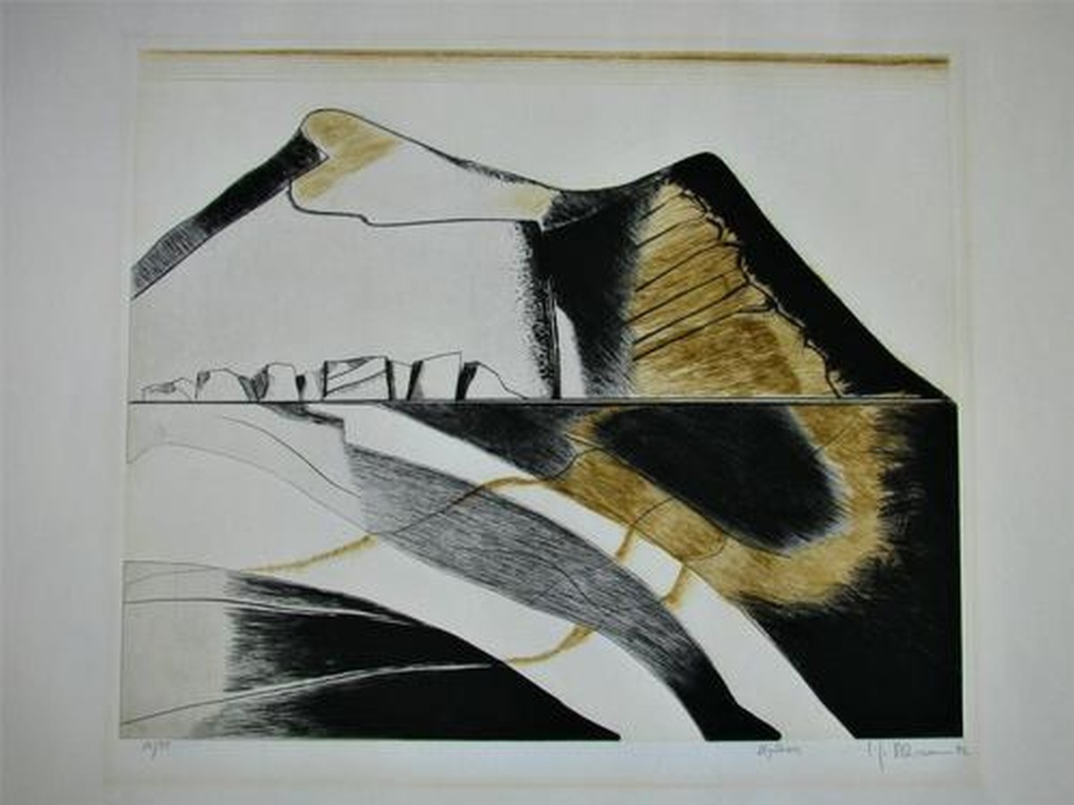 Carl-Heinz Kliemann - KYTHNOS - FARBIGE KALTNADELRADIERUNG 1972 signiert . verkocht voor € 260!