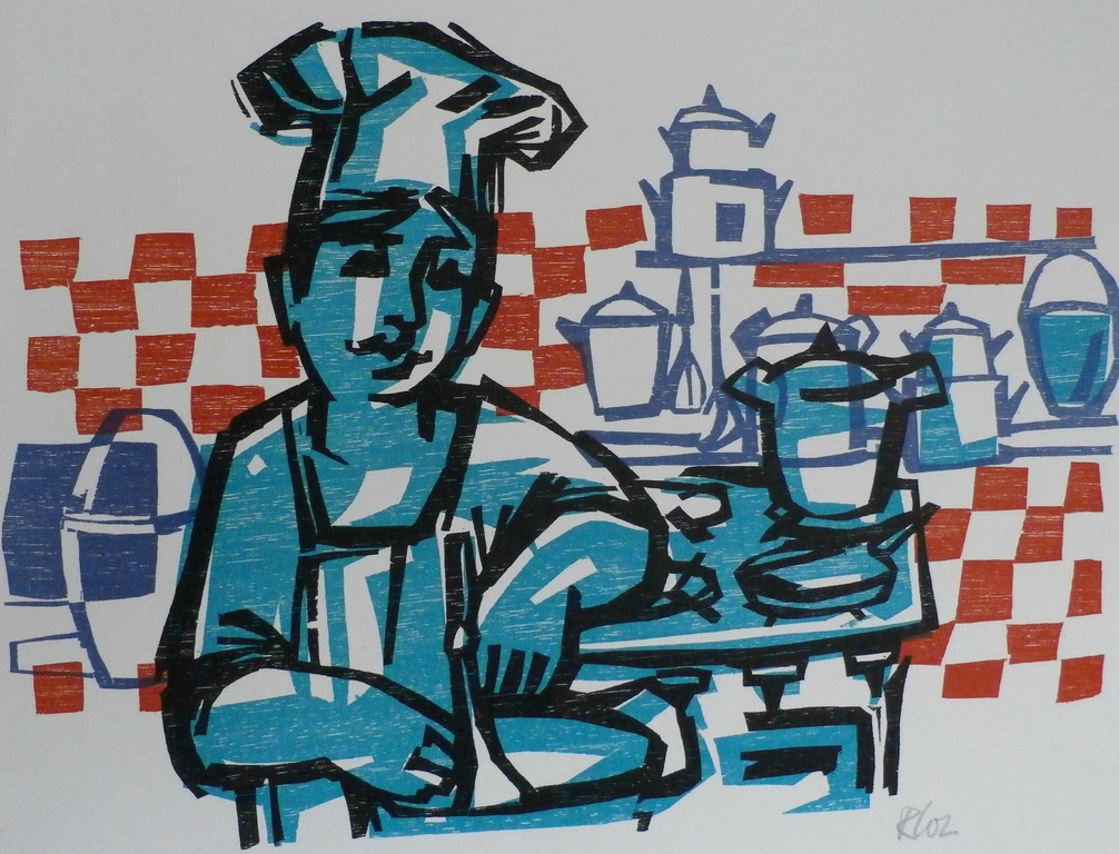 Rob Cox - houtsnede: kok - 1961 verkocht voor € 35!