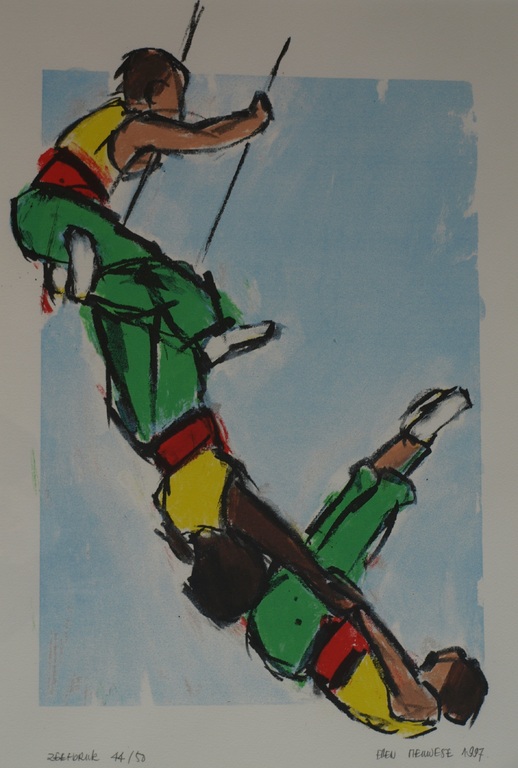 Ellen Meuwese : Zeefdruk , Trapeze artiesten – gesigneerd & ingelijst – 1997 kopen? Bied vanaf 50!