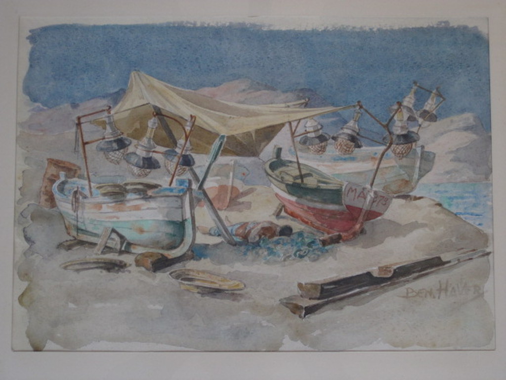 Grote gesigneerde Aquarel " vissersboten op strand Mallorca " kopen? Bied vanaf 25!