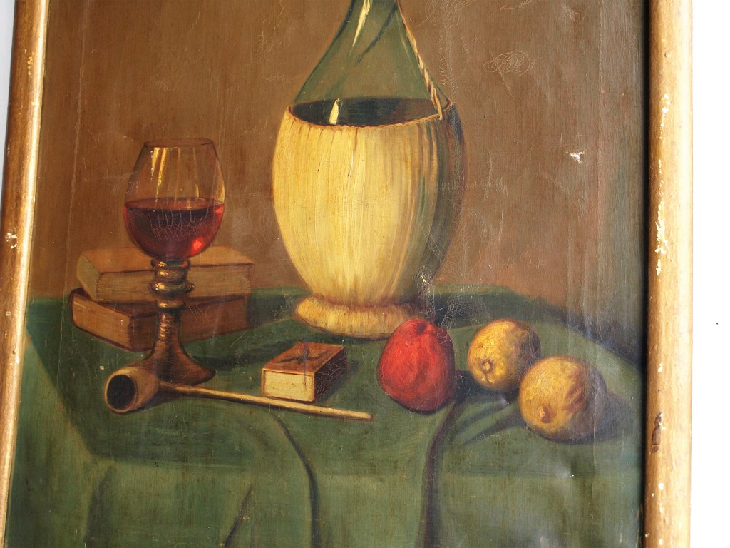 Onbekend, gesigneerd : Olieverf op doek , Stilleven met wijn, pijp, fruit e.a.  kopen? Bied vanaf 1!