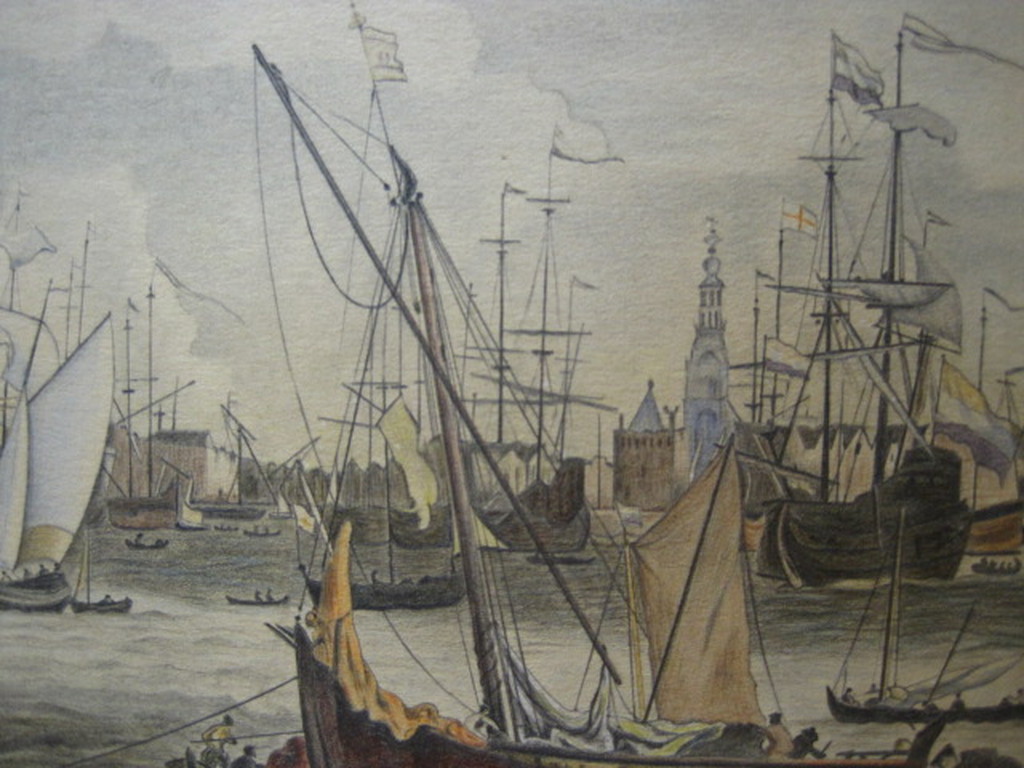 oude aquarel "VOC schip de Amsterdam op het IJ met Schreierstoren"   kopen? Bied vanaf 1!