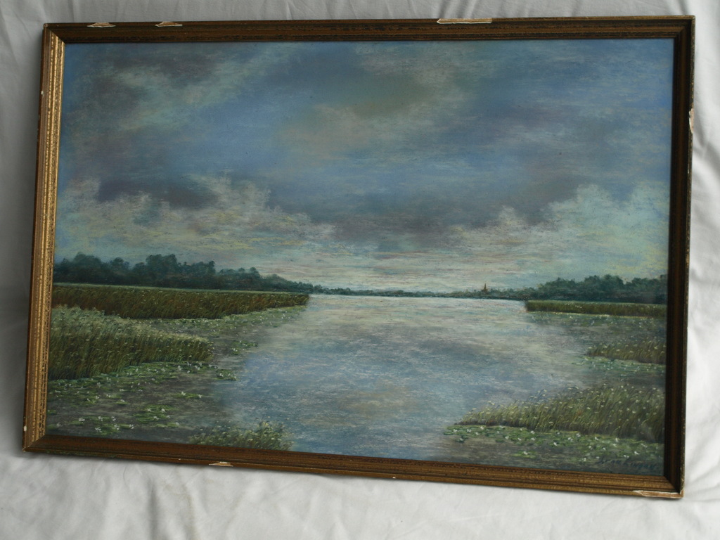 Onduidelijke signatuur :  Pastel - Watergezicht – ingelijst – Oud kopen? Bied vanaf 35!